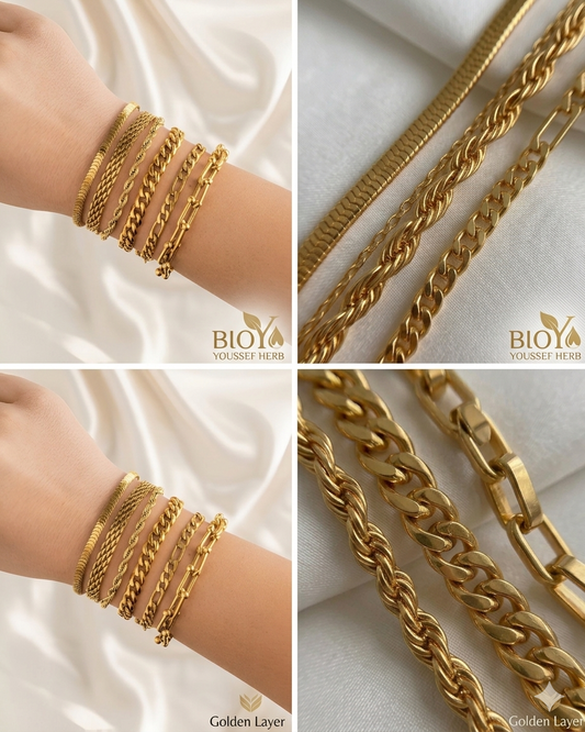 Luxurious 6-Piece Gold Link & Chain Bracelet Set - Stackable Elegance